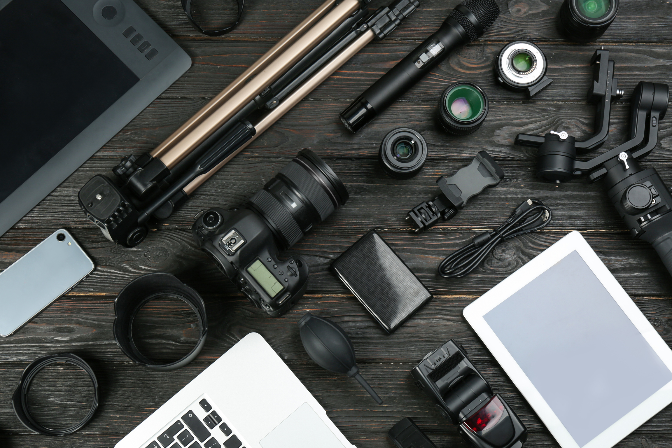 Flat Lay Composition with Camera and Video Production Equipment